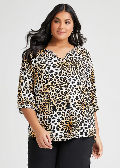 Plus Size Natural Animalia Tie Neck Top