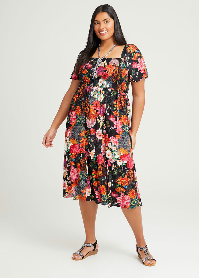 Natural Blooms Shirred Dress, , hi-res