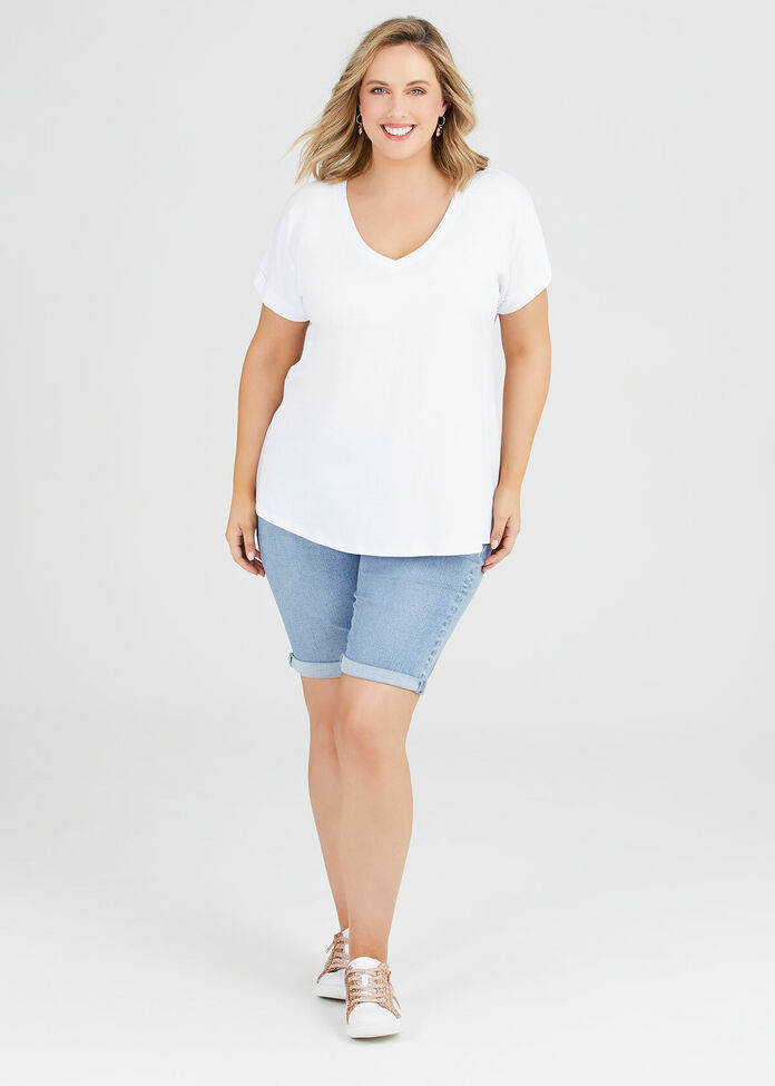 Organic Cuff V-neck Basic Tee, , hi-res