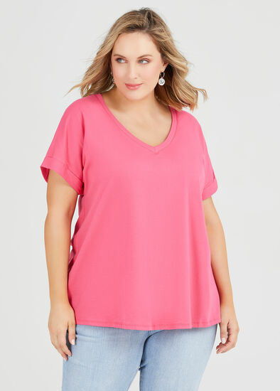 Plus Size Organic Cuff V-neck Basic Tee