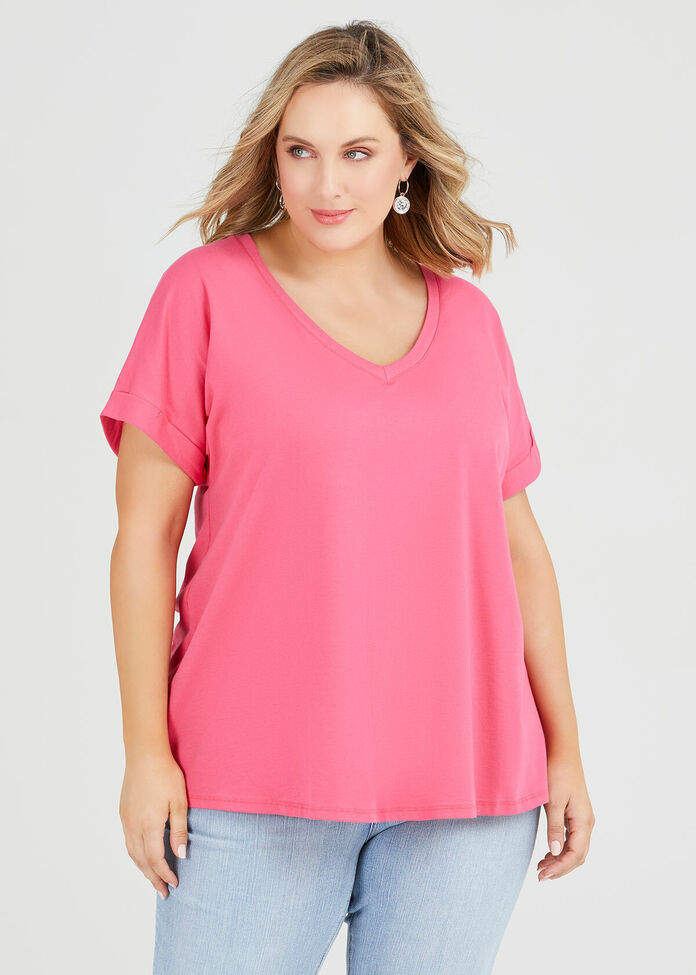 Organic Cuff V-neck Basic Tee, , hi-res