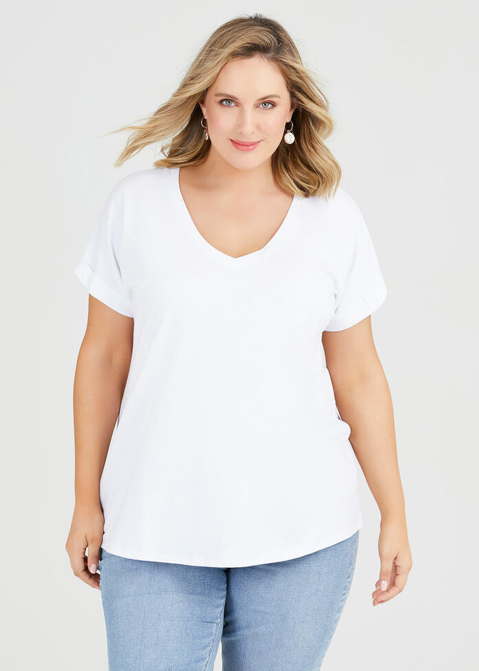 Organic Cuff V-neck Basic Tee, , hi-res