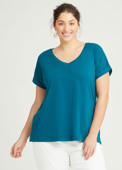 Plus Size Organic Cuff V-neck Basic Tee