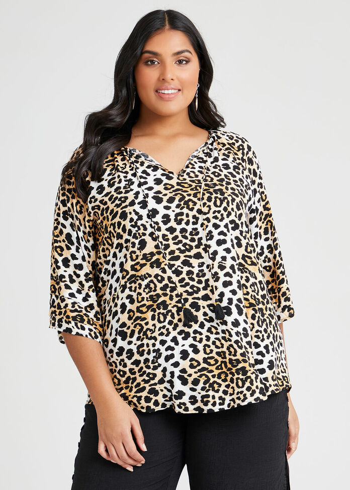 Natural Animalia Tie Neck Top, , hi-res