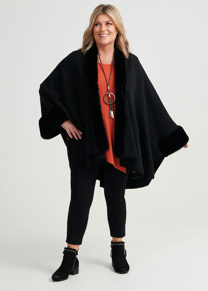 Faux Fur Trim Cape, , hi-res