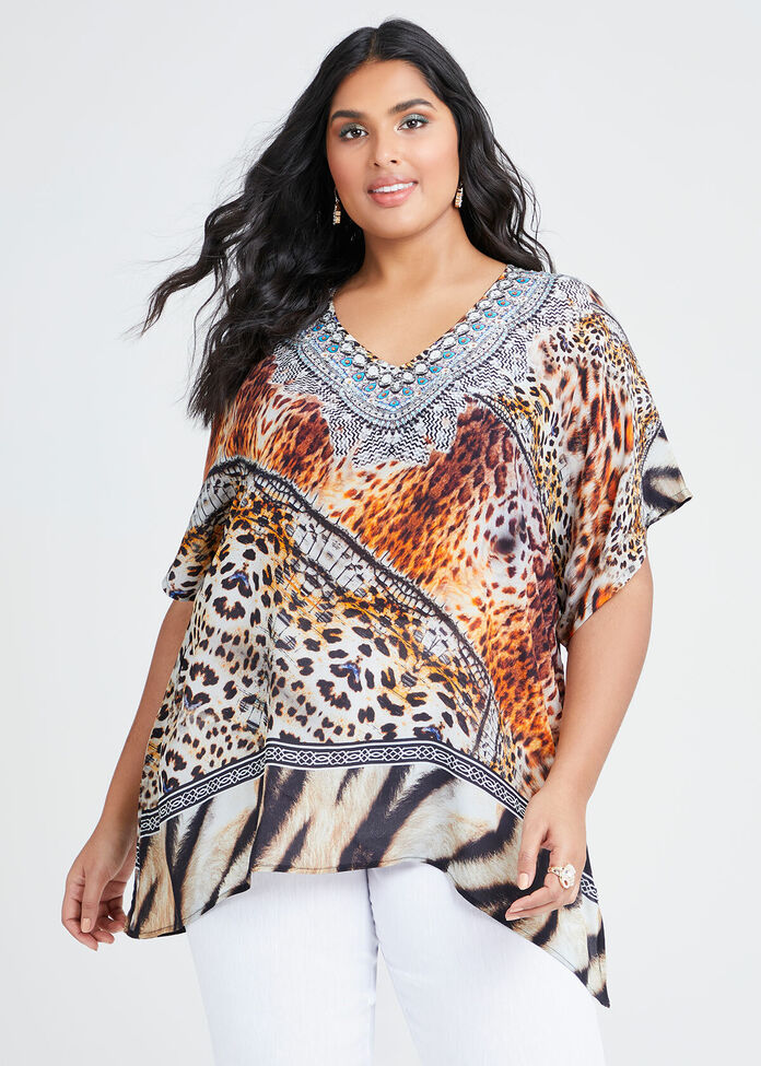 Natural Wild Side Vneck Top, , hi-res