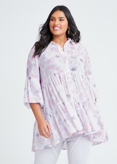 Plus Size Natural Tiered Floral Shirt