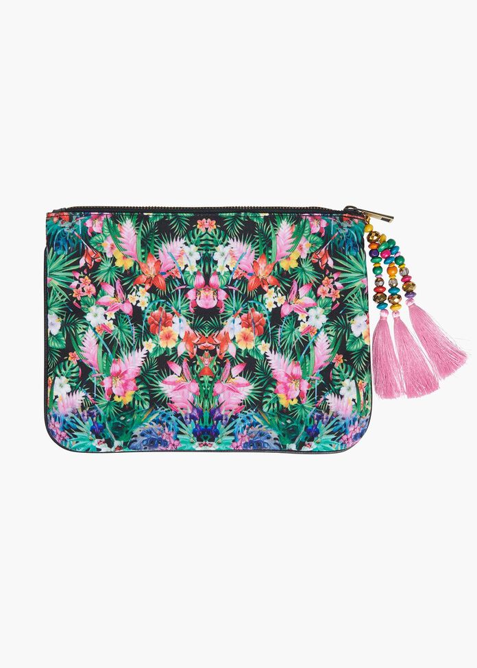 Tropical Print Clutch With Tassel, , hi-res