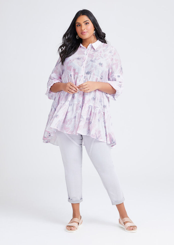 Natural Tiered Floral Shirt, , hi-res