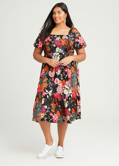 Plus Size Natural Blooms Shirred Dress