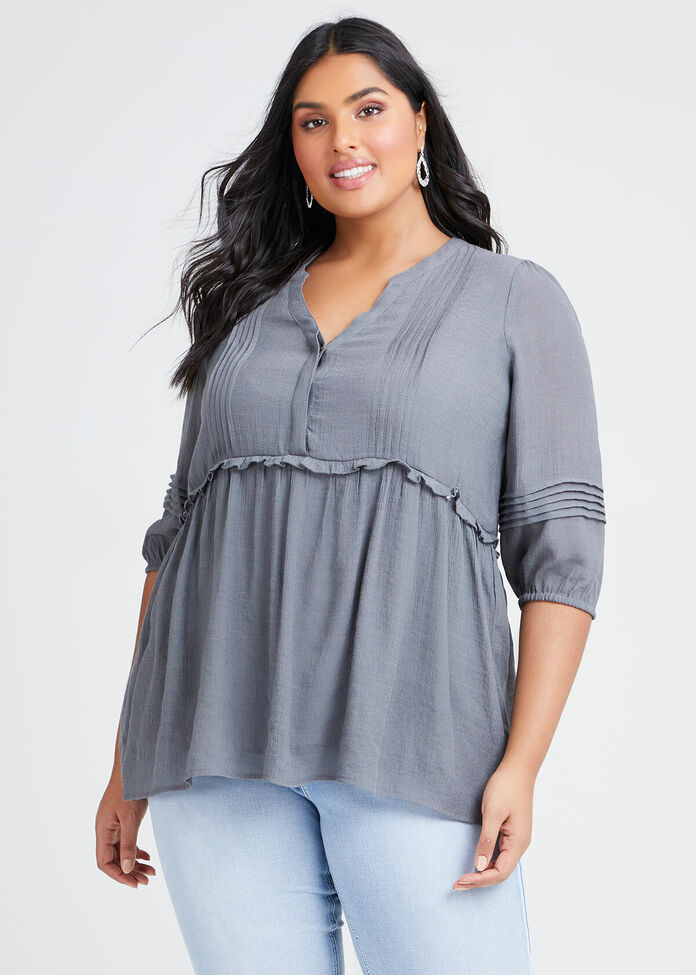 Natural 3/4 Sleeve Pintuck Top, , hi-res