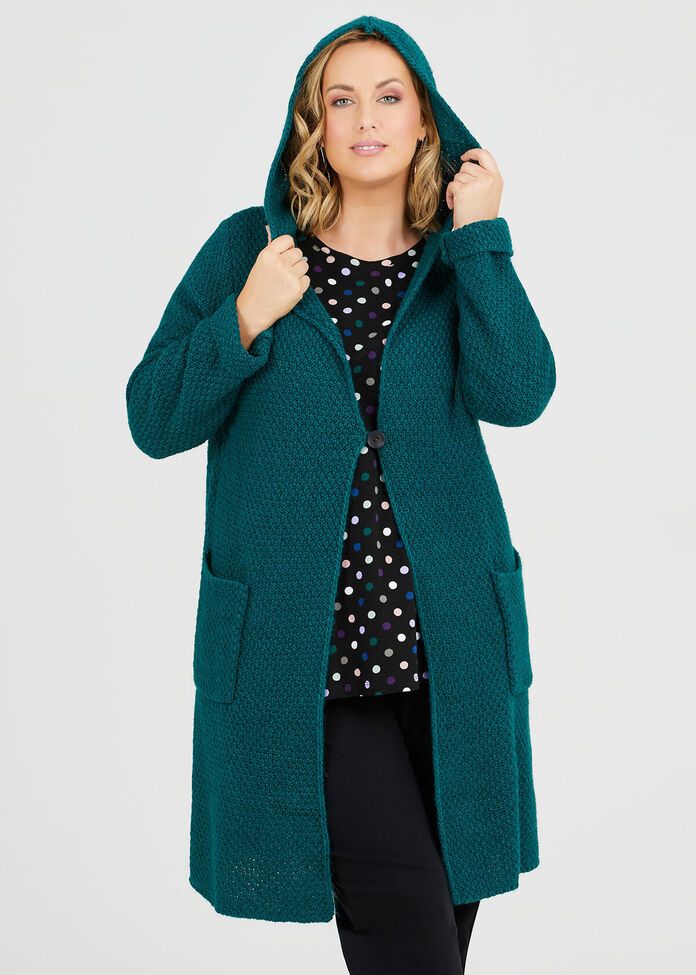 Textured Hooded Cardigan, , hi-res