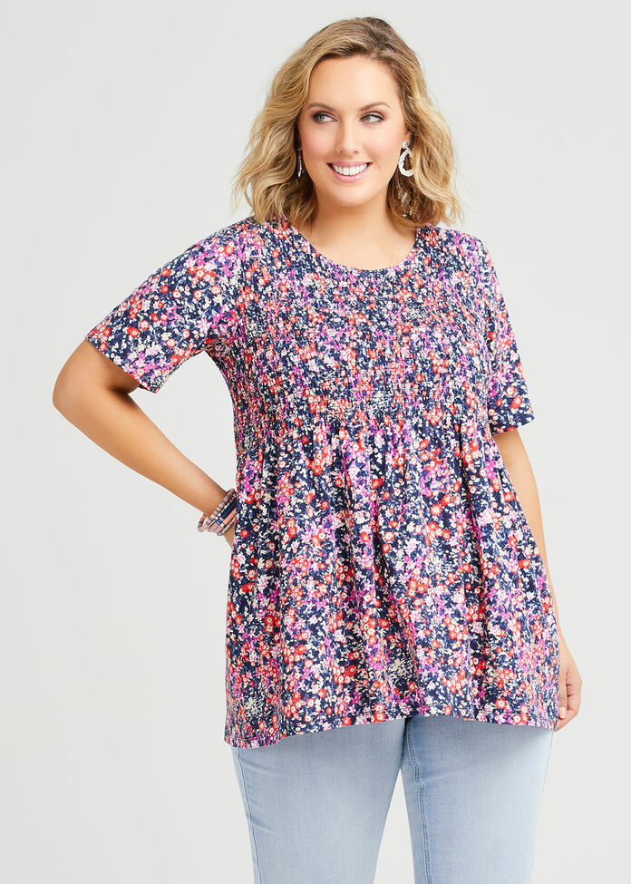 Organic Shirred Ditsy Top, , hi-res