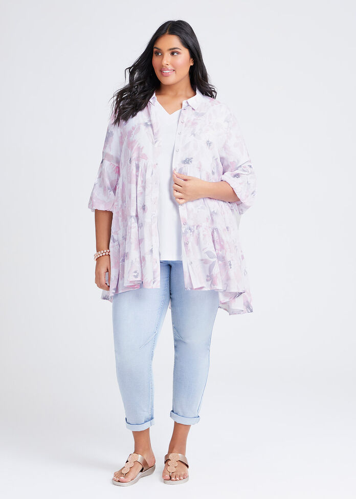 Natural Tiered Floral Shirt, , hi-res