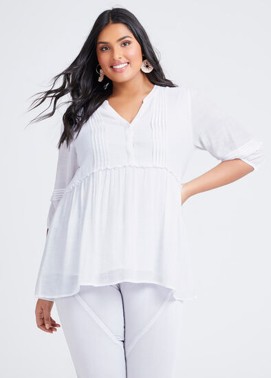 Plus Size Natural 3/4 Sleeve Pintuck Top