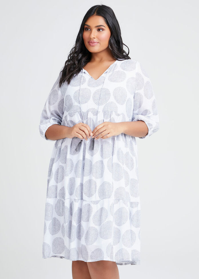 Natural Spot Tie Neck Dress, , hi-res