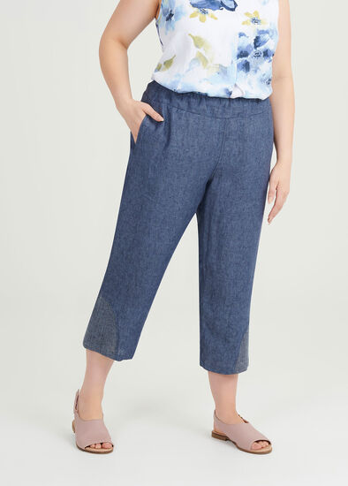 Plus Size Simple Blues Linen Crop Pant