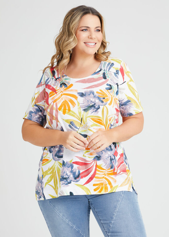 Linen Blend Tropics Print Top, , hi-res