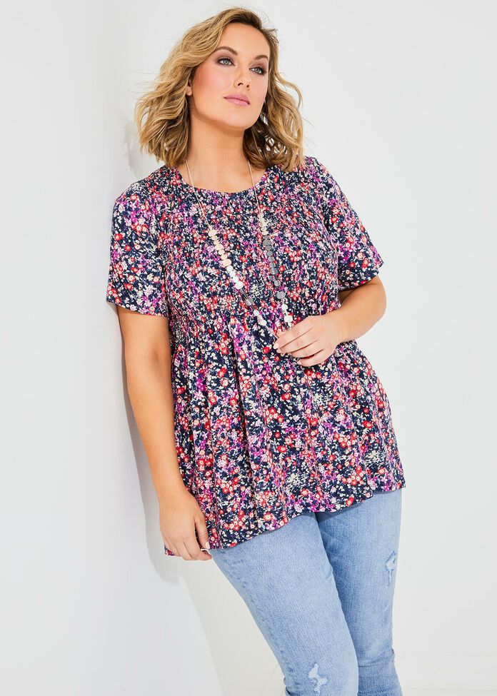 Organic Shirred Ditsy Top, , hi-res