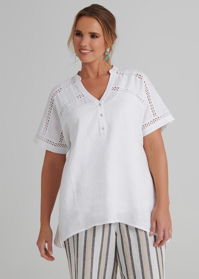 Lace Trim Linen Top, , hi-res