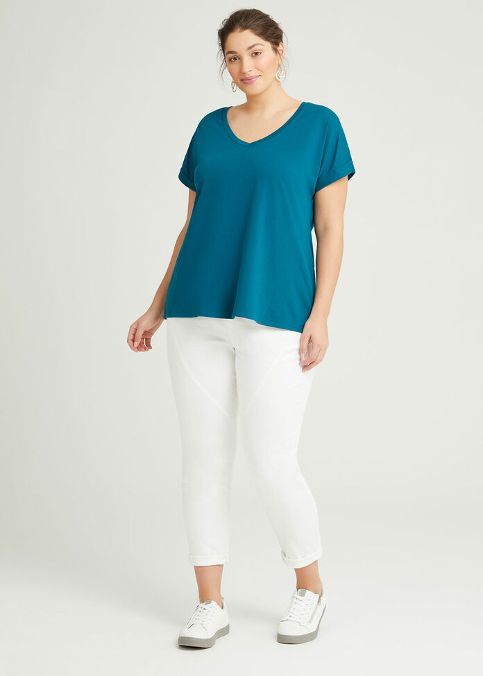 Organic Cuff V-neck Basic Tee, , hi-res