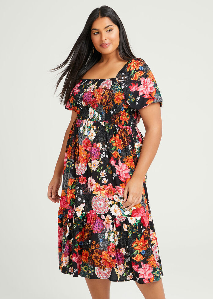 Natural Blooms Shirred Dress, , hi-res