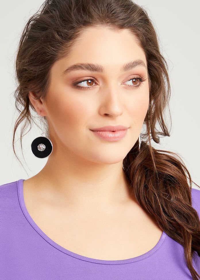 Black Enamel Disc Earrings, , hi-res