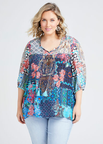 Plus Size Natural Tuscan Tie Neck Top