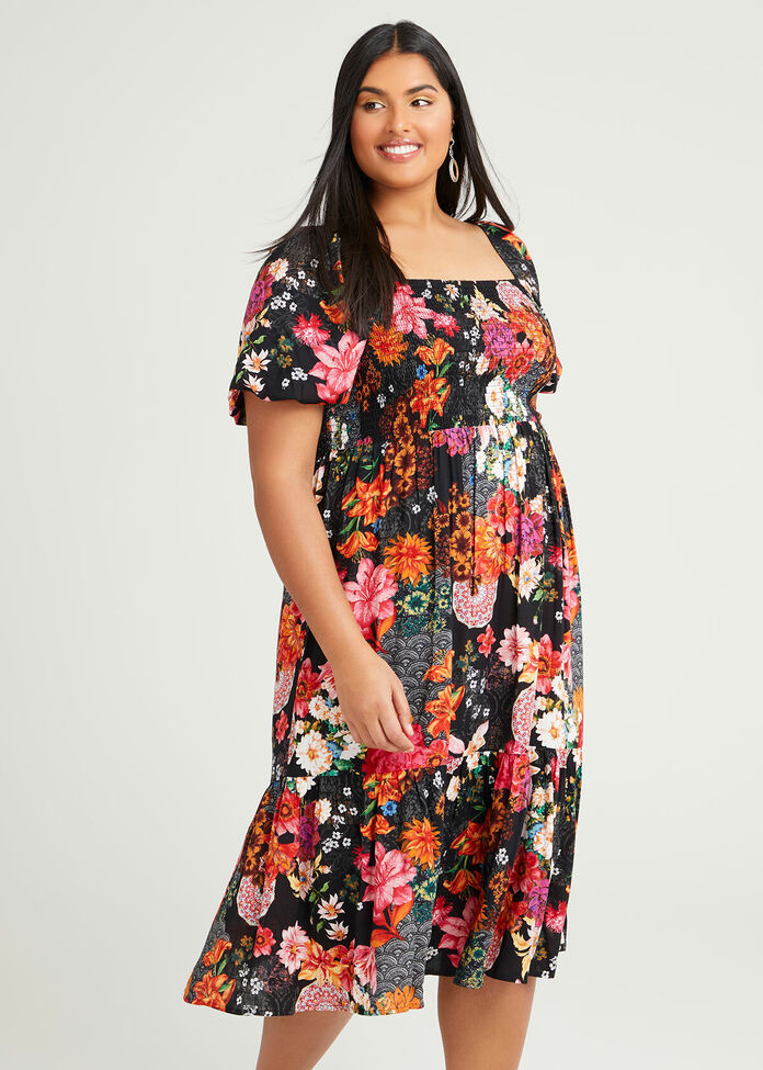 Natural Blooms Shirred Dress, , hi-res