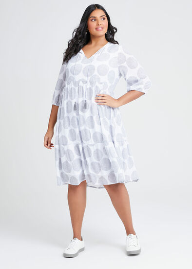 Plus Size Natural Spot Tie Neck Dress