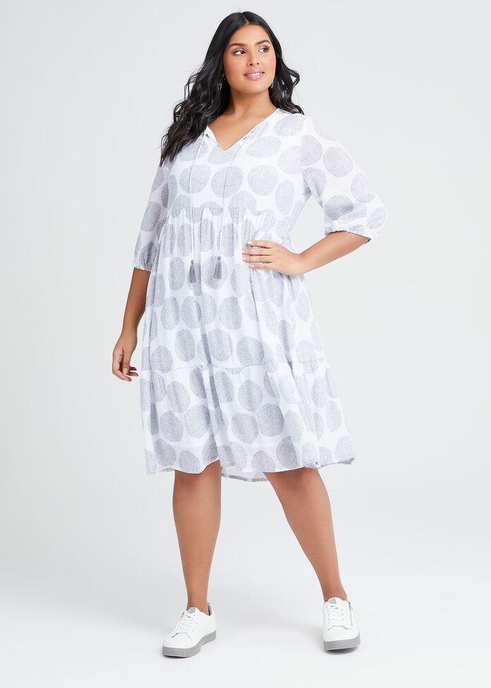 Natural Spot Tie Neck Dress, , hi-res