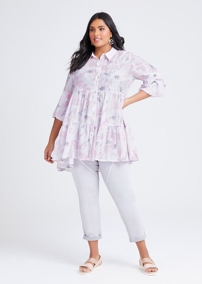 Natural Tiered Floral Shirt, , hi-res