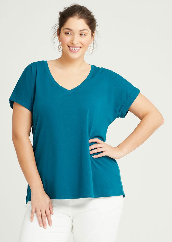 Organic Cuff V-neck Basic Tee, , hi-res