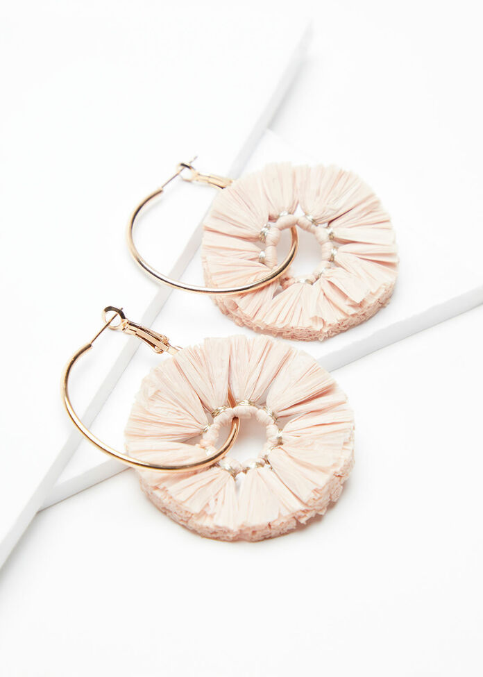 Blush Raffia Hoop Earrings, , hi-res