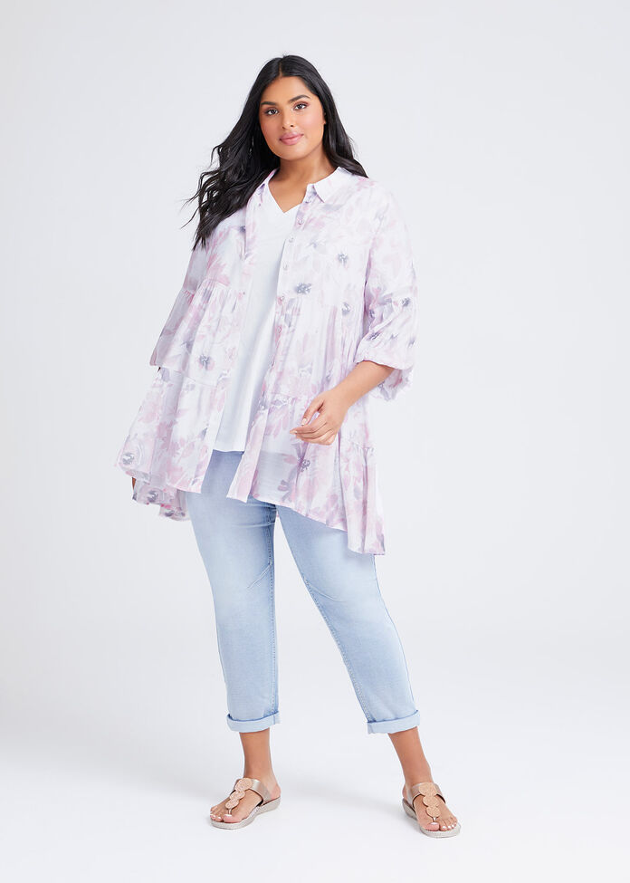 Natural Tiered Floral Shirt, , hi-res