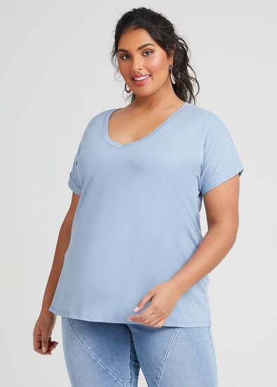 Plus Size Organic Cuff V-neck Basic Tee