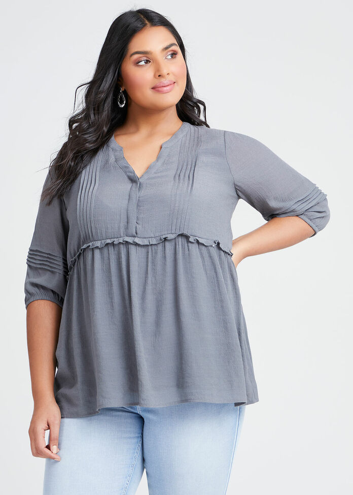 Natural 3/4 Sleeve Pintuck Top, , hi-res