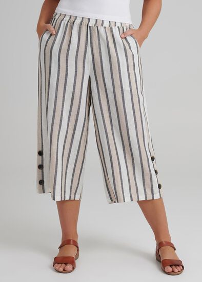 Plus Size Stripe Linen Crop Pant