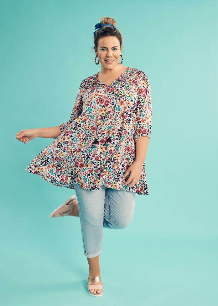 Natural Floral Tiered Tunic, , hi-res