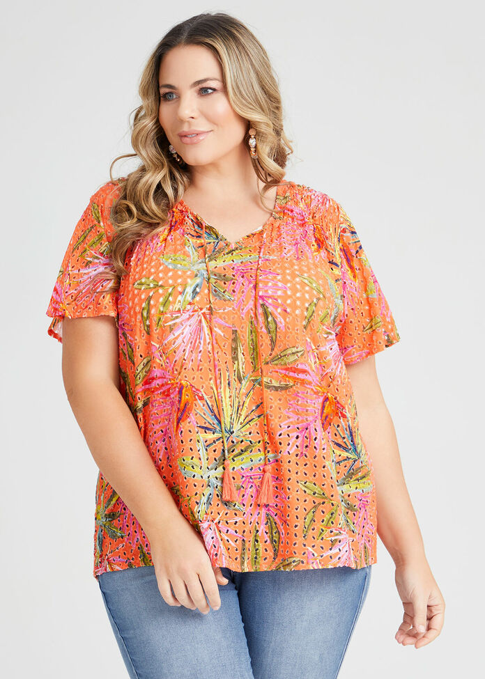 Natural Broderie Tropical Top, , hi-res