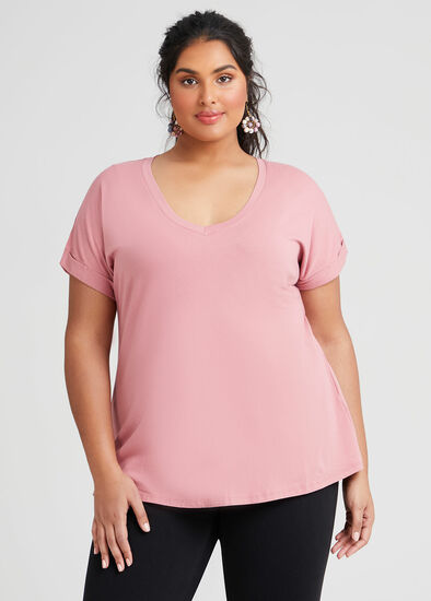 Plus Size Organic Cuff V-neck Basic Tee