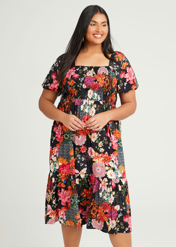 Natural Blooms Shirred Dress, , hi-res