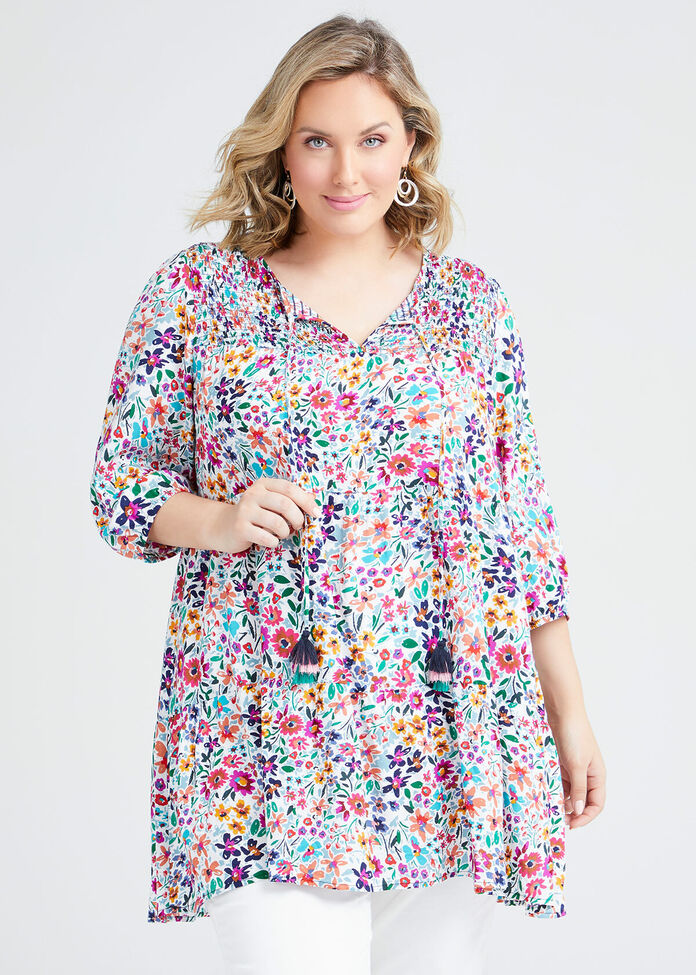 Natural Floral Tiered Tunic, , hi-res