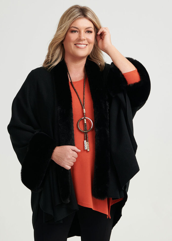 Faux Fur Trim Cape, , hi-res