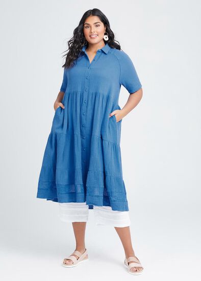 Plus Size Cotton Coastal Tier Shirt Dress