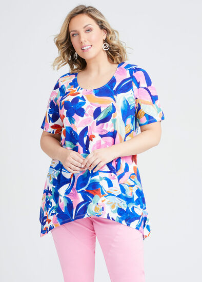 Plus Size Linen Blend Floral Print Top