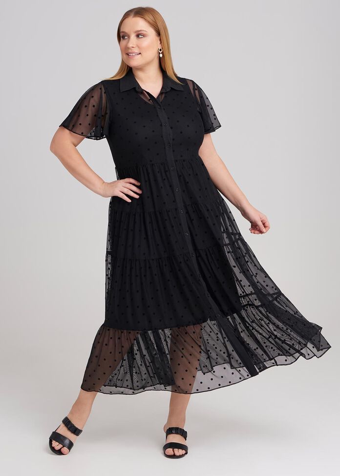 Short Sleeve Spot Mesh Dress, , hi-res