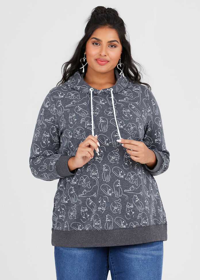 Cat Print Hoodie, , hi-res