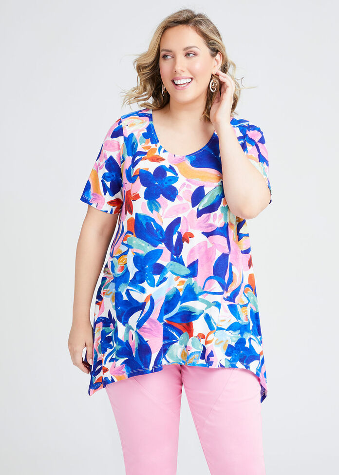 Linen Blend Floral Print Top, , hi-res