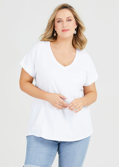 Plus Size Organic Cuff V-neck Basic Tee